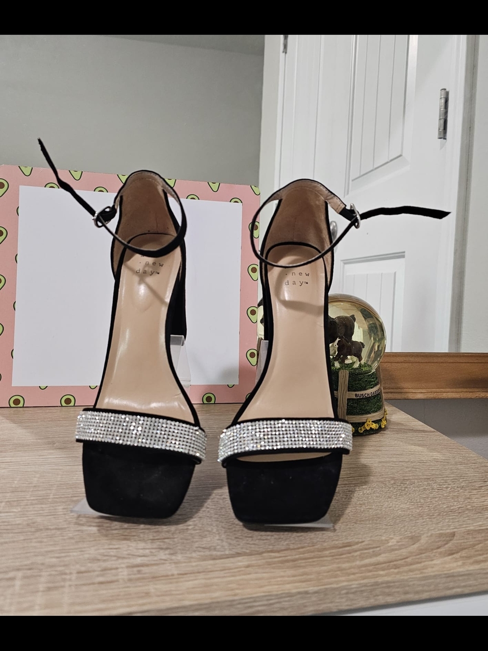 New Day Black Rhinestone Ankle-Strap Block Heels